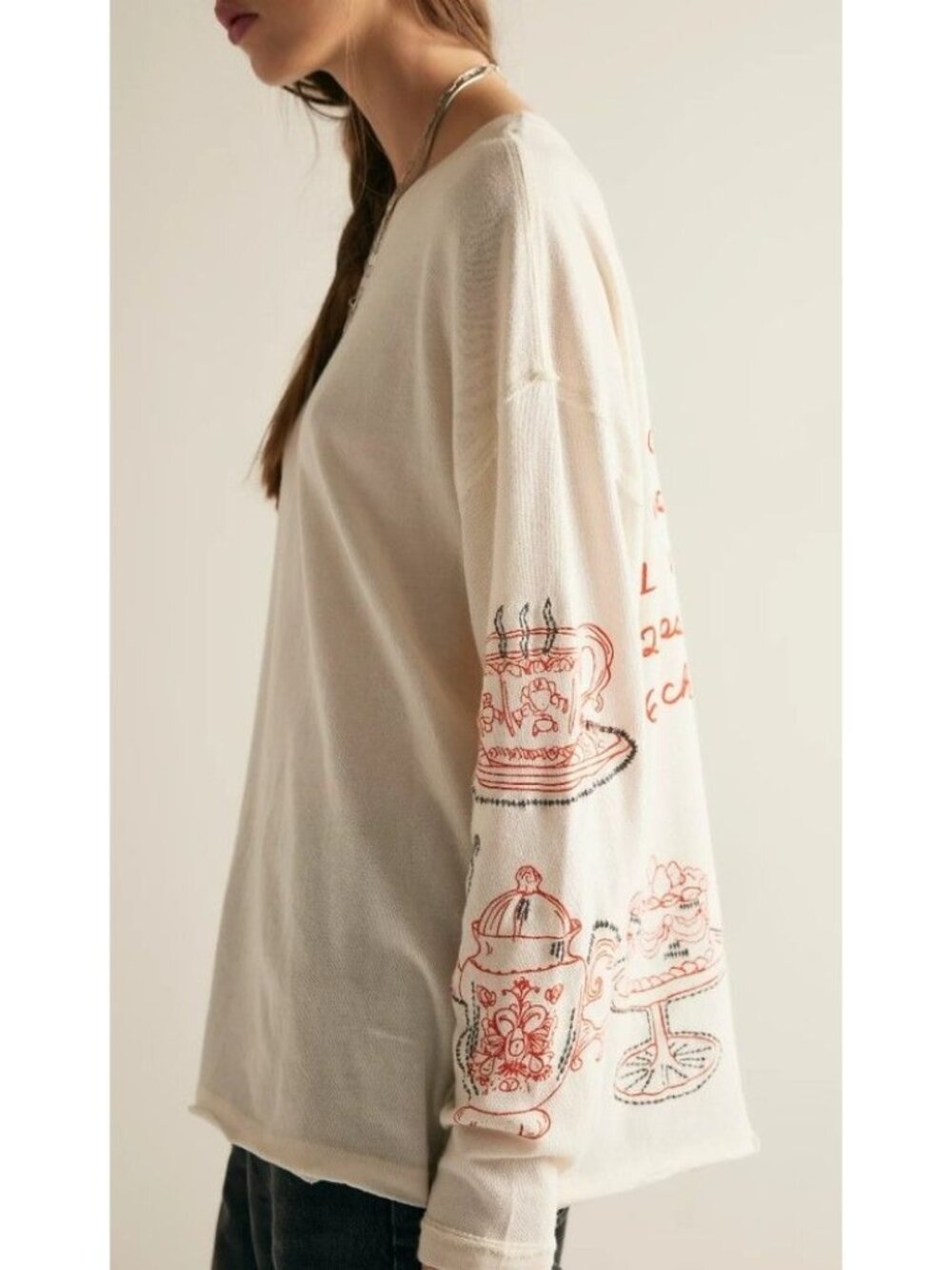 We The Free People Tea Time Long-Sleeve Embroidered Tee Tea Party Size M NWT